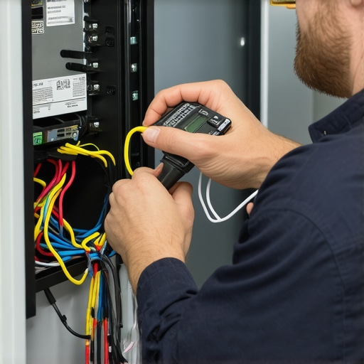 Technician testing appliance wires with a multimeter in repair shop