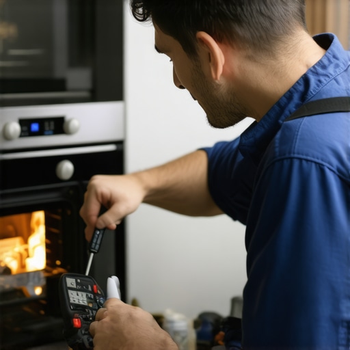 Person testing oven igniter using multimeter in a kitchen setting.