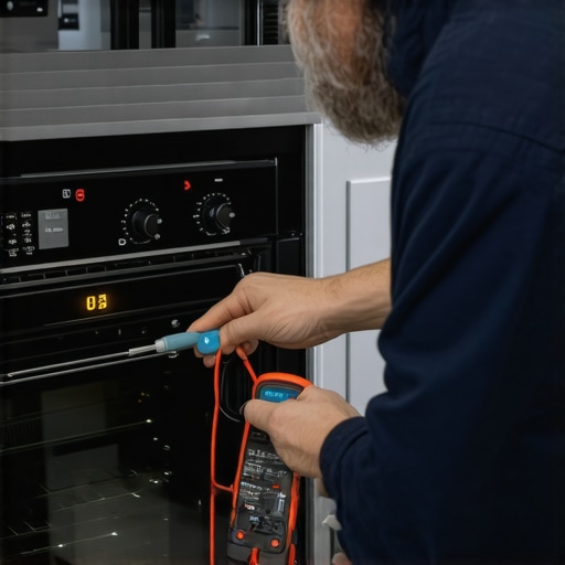 Technician using multimeter to check oven wiring and components for troubleshooting