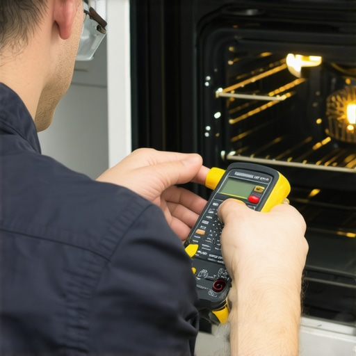 A repair technician testing appliance wiring with a multimeter.