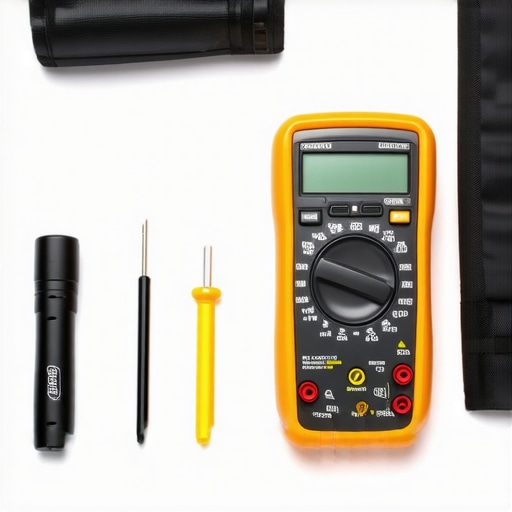 Tools including a multimeter and flashlight used for appliance diagnostics.