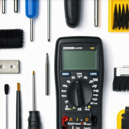 A toolbox containing a multimeter, screwdrivers, and cleaning supplies for appliance upkeep.