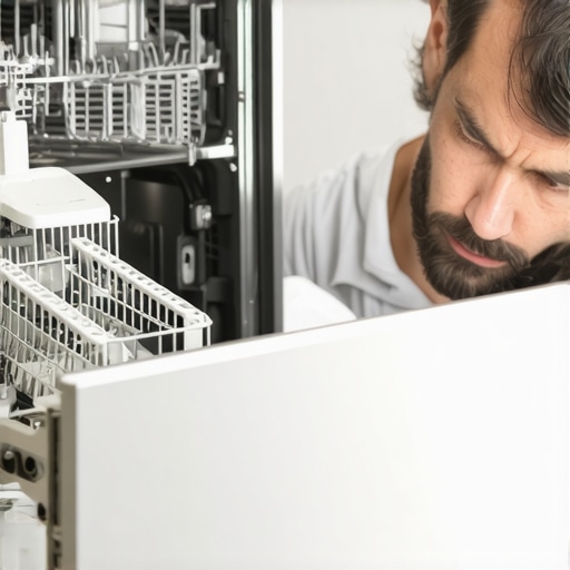 Technician examining dishwasher spray arm for debris and defects