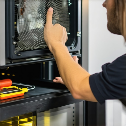 A person checking the internal fan of an oven for noise issues.