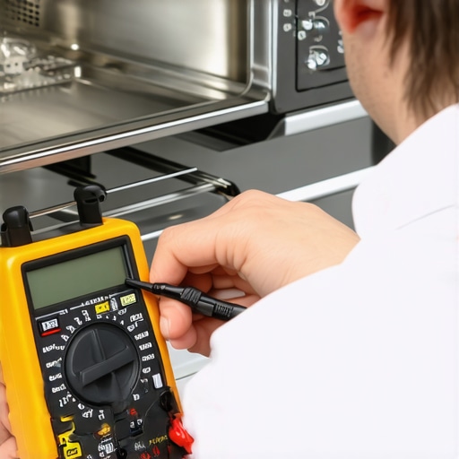 Person measuring oven heating element resistance with a multimeter