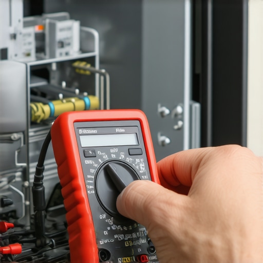 Technician testing a dishwasher pressure switch using a multimeter for continuity check