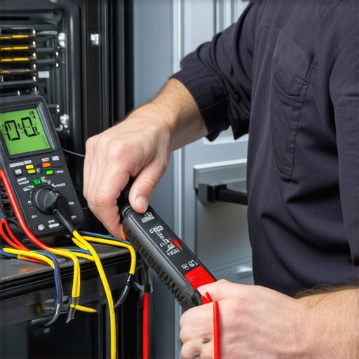 Technician testing oven wiring with multimeter