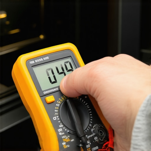 Person testing oven sensor with multimeter in a modern kitchen