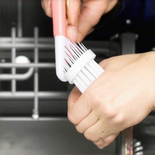 Person cleaning dishwasher spray nozzles with a toothpick and brush