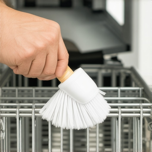 Technician cleaning dishwasher siphon break with brush