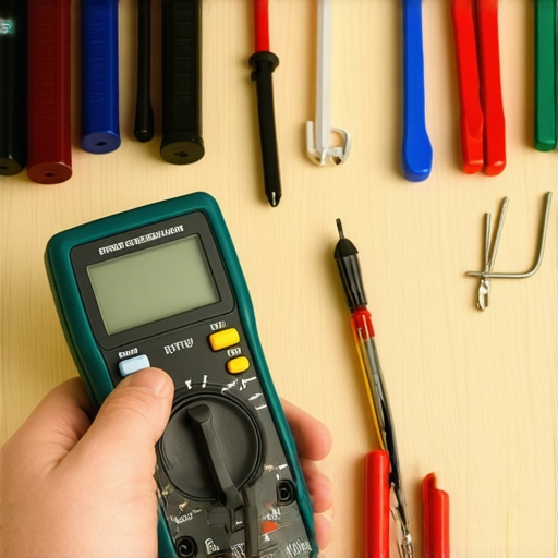 Technician testing appliance wiring with digital multimeter during repair.