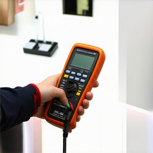 Person testing oven thermostat with multimeter and infrared thermometer in workshop.