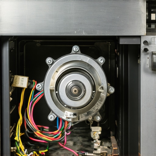 Close-up view of a technician checking the mounts and wiring of an oven's convection fan motor during repair.