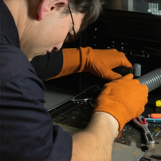 Technician checking oven burner tube for cracks and debris during repair