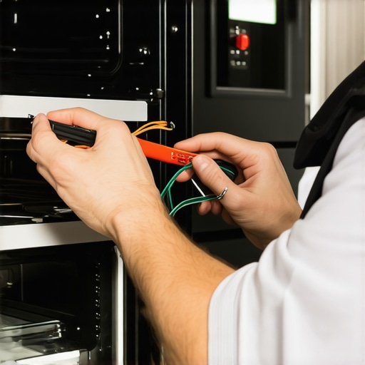 Technician inspecting and securing oven wiring connections