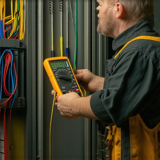 Electrician testing oven wiring with multimeter in kitchen