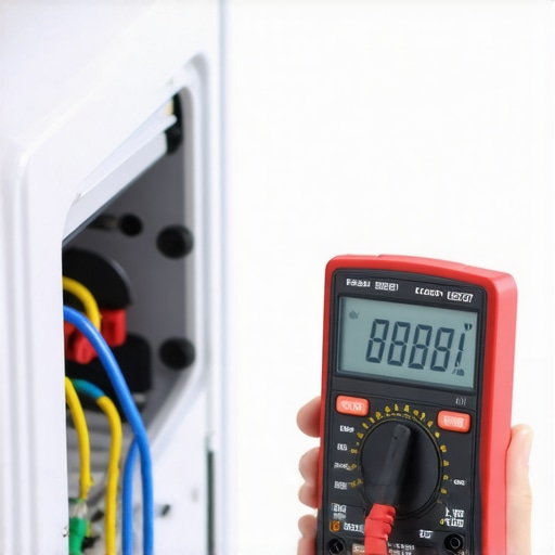 A technician's hand holding a digital multimeter testing oven wiring.