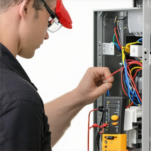 Technician measuring voltage on dishwasher solenoid using multimeter.