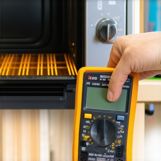 A technician testing an oven component with a digital multimeter.
