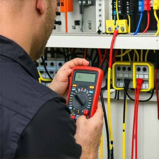 Technician testing appliance wiring with a multimeter.