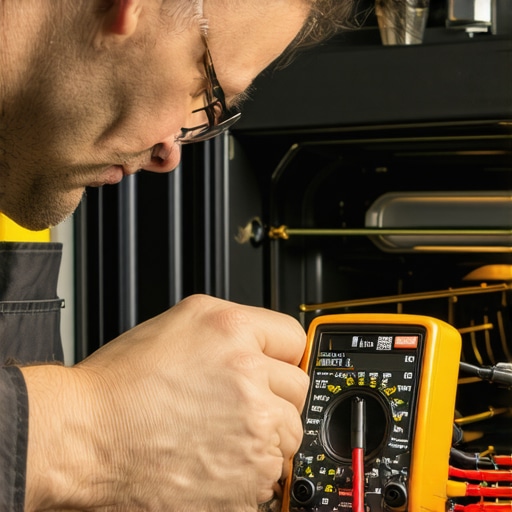 Technician using a multimeter on oven wiring for diagnostics