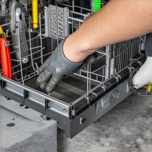 Person using tools to clean dishwasher sump and filter area