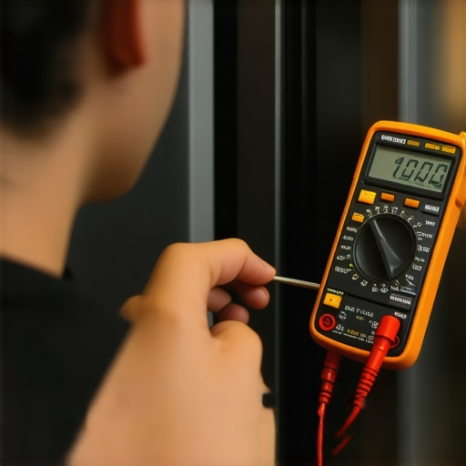 Person testing appliance wiring with multimeter and screwdriver in workshop.