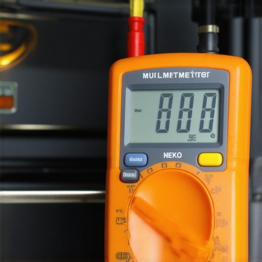 Close-up of a digital multimeter measuring resistance on an oven's heating element, highlighting accuracy and detail