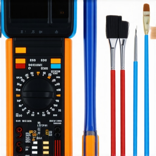 A professional repair toolkit containing multimeter, screwdrivers, thermal camera, and brushes laid out on a workbench.