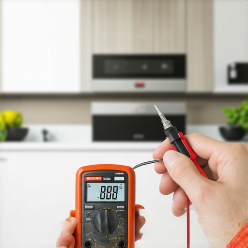 Expert testing oven sensor with a multimeter for accurate diagnostics.