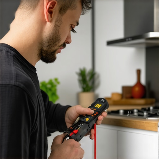 Person with multimeter checking oven component in kitchen