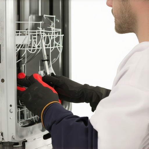 Technician checking dishwasher drain hose for obstructions at home