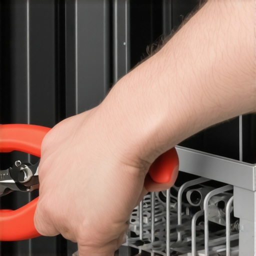 Person attaching a spring to a dishwasher door using pliers.