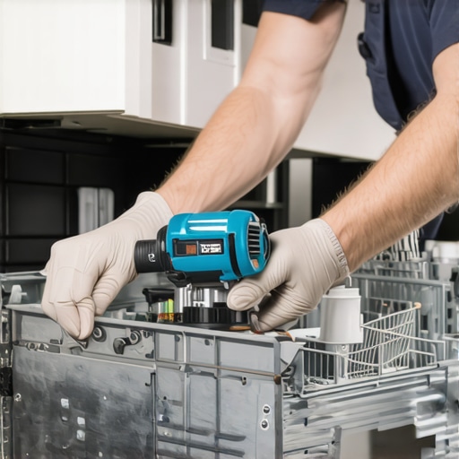 A person installing a new wax motor inside a dishwasher vent area with tools nearby.