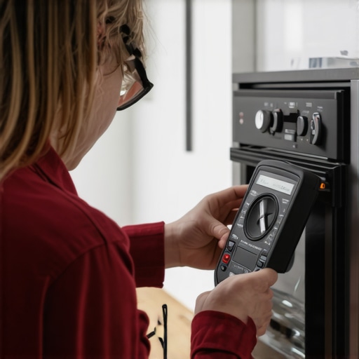 A person testing an oven temperature sensor using a multimeter in a home kitchen.