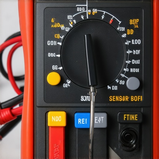 An electrician's hand holding a multimeter testing an oven temperature sensor.