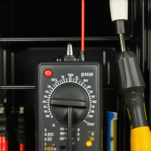 Multimeter testing resistance of oven sensor in a kitchen setting