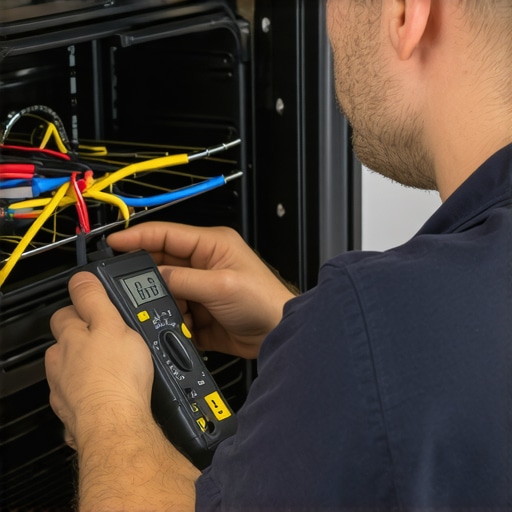 Electrician testing the wiring of an oven using a multimeter