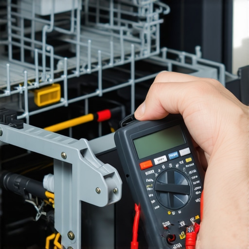 Technician measuring resistance of dishwasher circulation pump motor with multimeter.