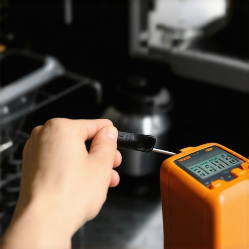 Person using a multimeter to test the float switch inside a dishwasher in a contemporary kitchen