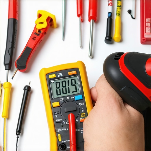Person testing appliance wiring with a multimeter for maintenance or repair.