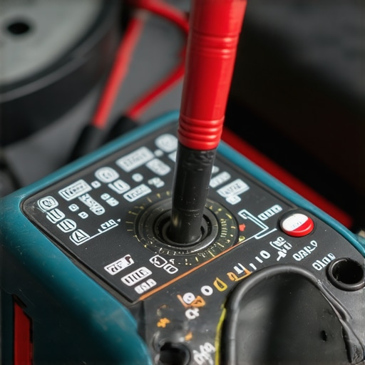 Person testing an oven component with a digital multimeter in a workshop