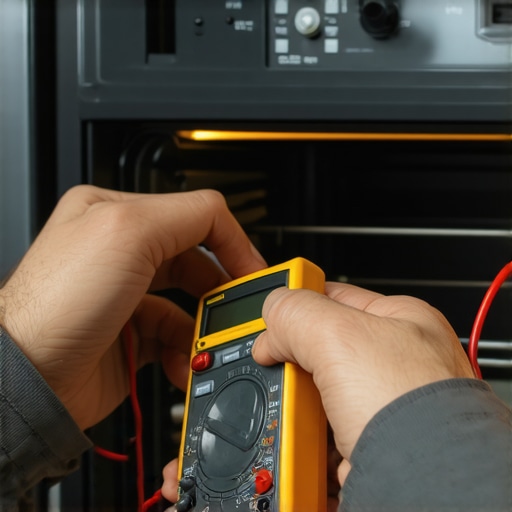 Technician testing electrical circuit with multimeter in kitchen repair setting