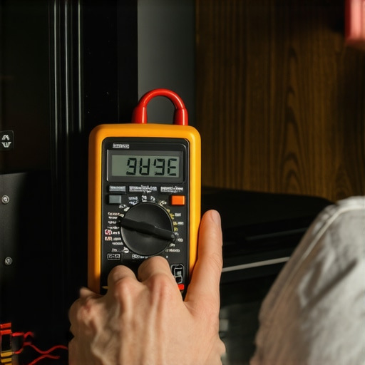 Person measuring oven temperature sensor with a multimeter in a workshop