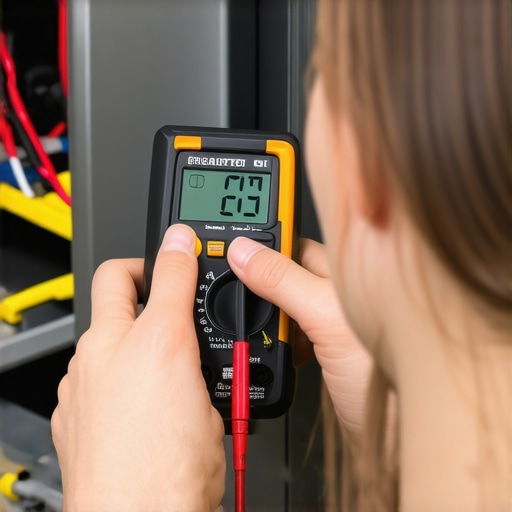 Person testing appliance with multimeter in workshop