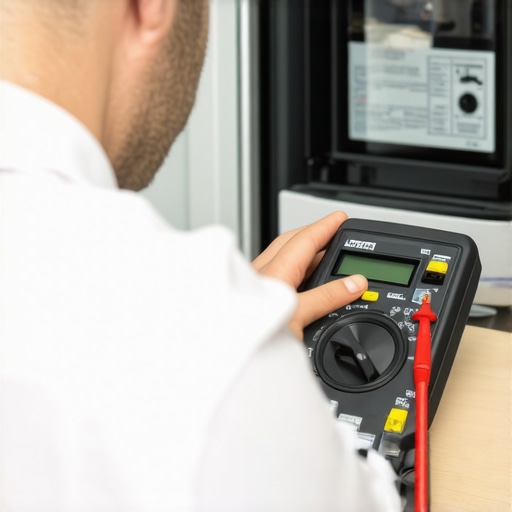 Advanced Appliance Diagnostics in Action Technician testing appliance wiring with multimeter and diagnostic software