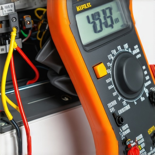 Technician testing dishwasher wiring with multimeter