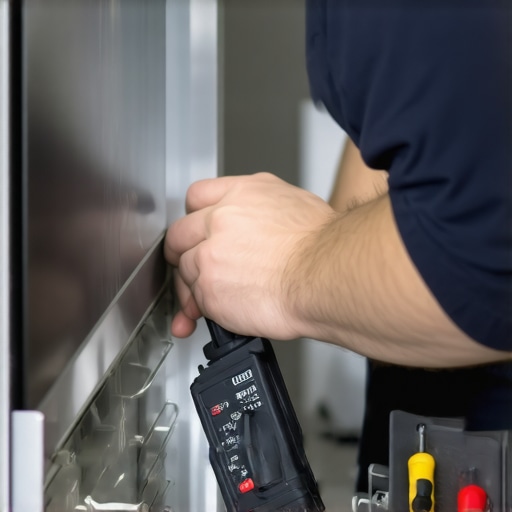 Appliance Maintenance Tools in Action Technician using multimeter and screwdrivers to diagnose a dishwasher repair