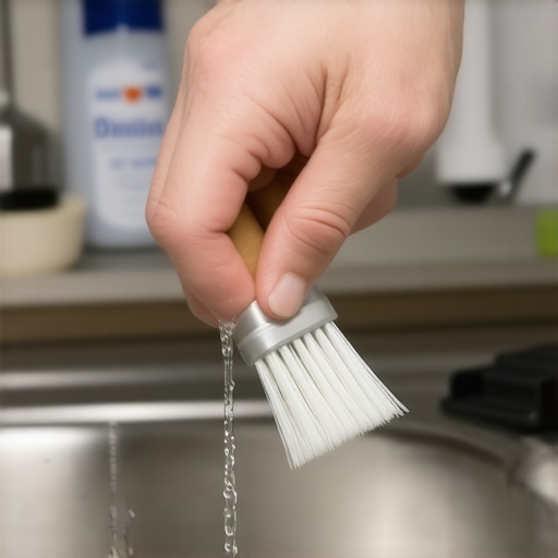 Person cleaning dishwasher air gap with brush and vinegar in a kitchen