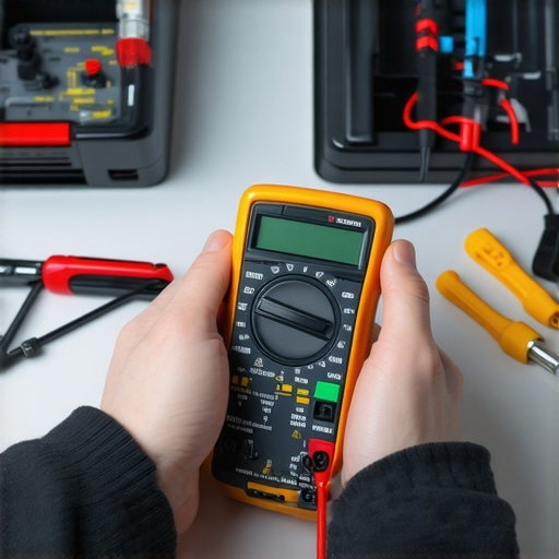 Person testing appliance wiring with a multimeter in a workshop setting.